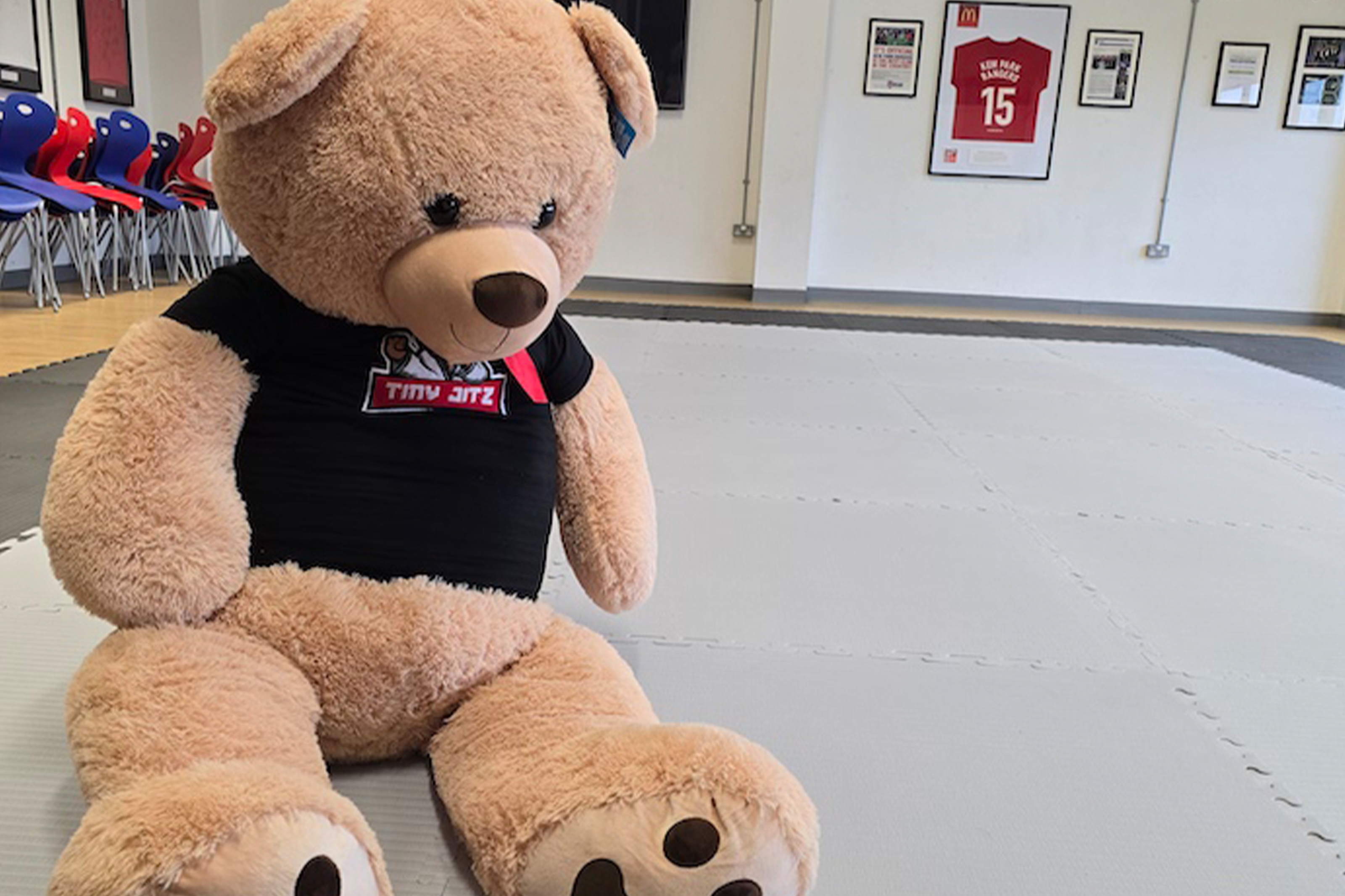 The Tiny Jitz mascot on the mats where Brazilian Jiu-Jitsu sessions take place